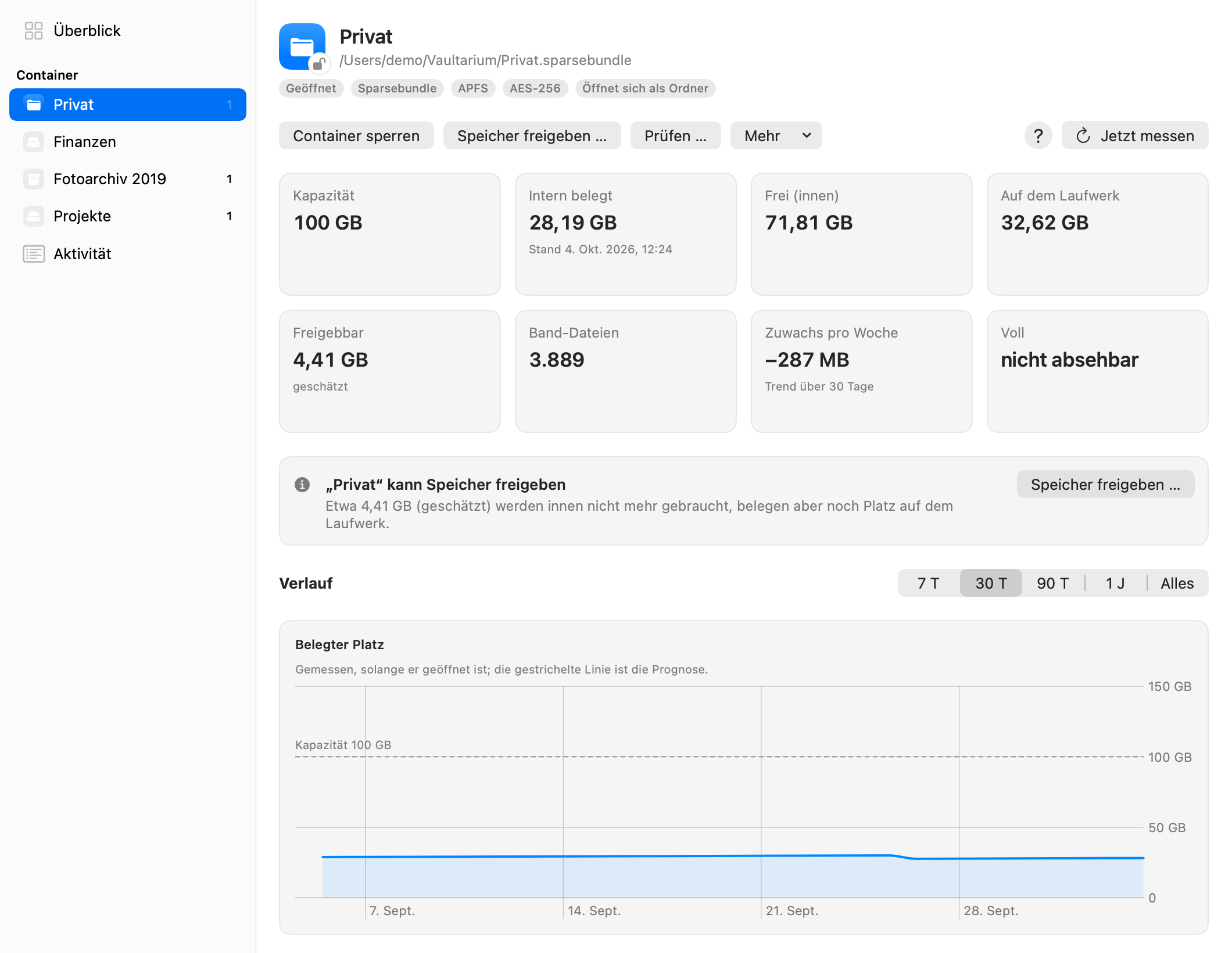 Dashboard-Seite eines Containers mit Kennzahlen und Diagramm des belegten Platzes