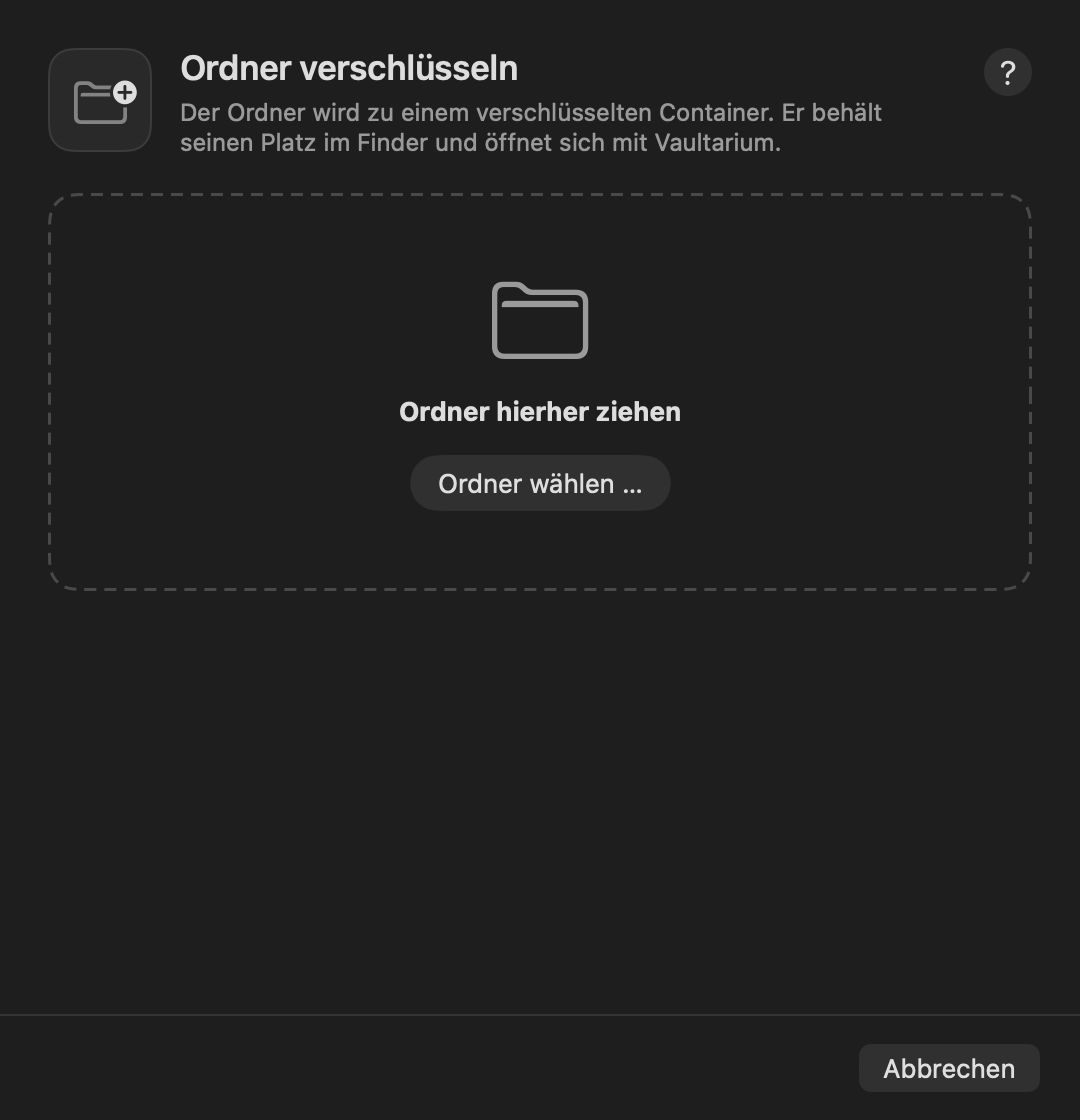 Assistent „Ordner verschlüsseln“ mit Ablagefläche für einen Ordner