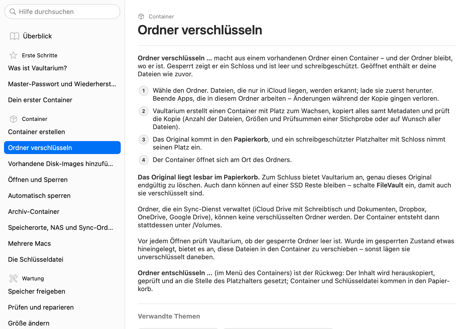 Eingebaute Hilfe mit dem Thema Ordner verschlüsseln