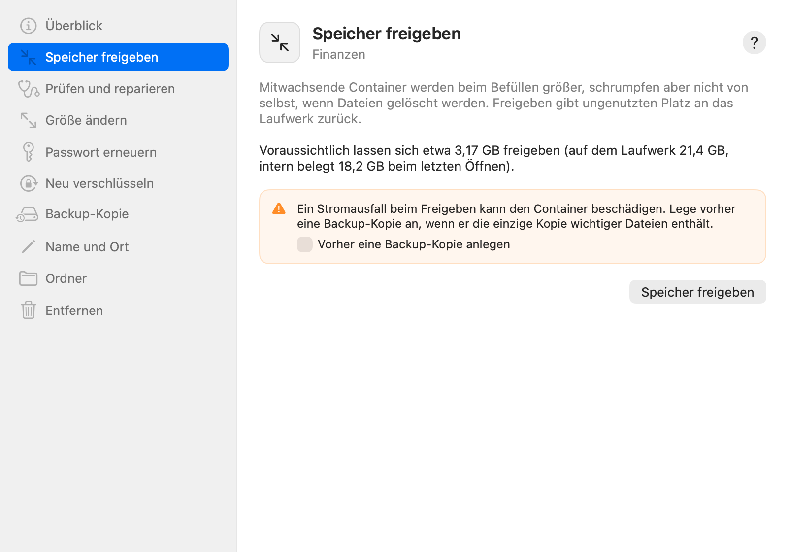 Wartungsfenster eines Containers, Bereich Speicher freigeben