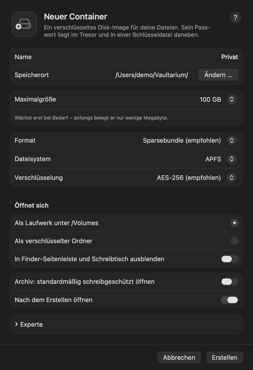 Neuer Container mit Name, Speicherort, Maximalgröße, Format und Verschlüsselung