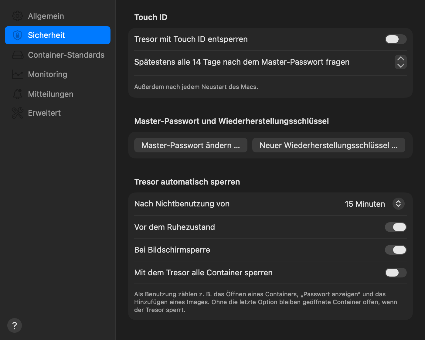 Einstellungen, Bereich Sicherheit mit Touch ID, Master-Passwort und automatischem Sperren des Tresors