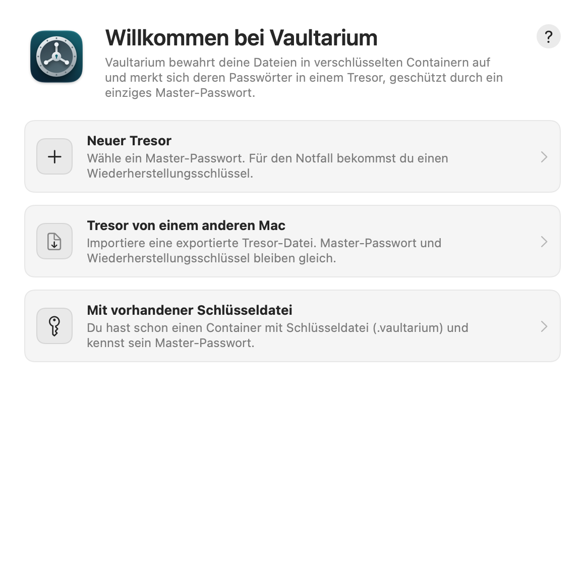 Einrichtung: neuer Tresor, Tresor von einem anderen Mac oder vorhandene Schlüsseldatei
