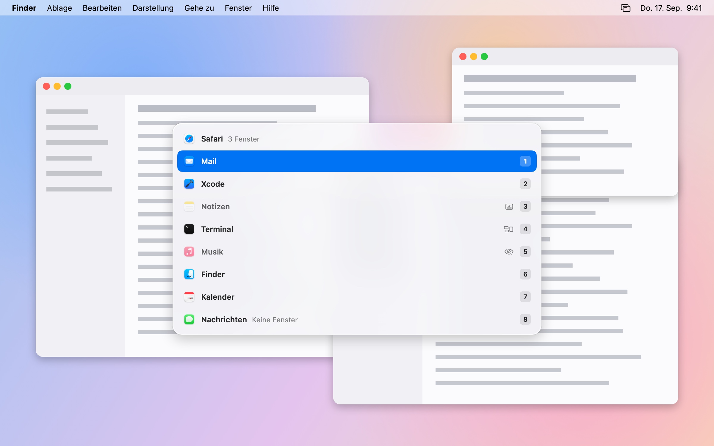 App-Liste: ein Eintrag pro App, Safari mit „3 Fenster“, Nachrichten ohne Fenster