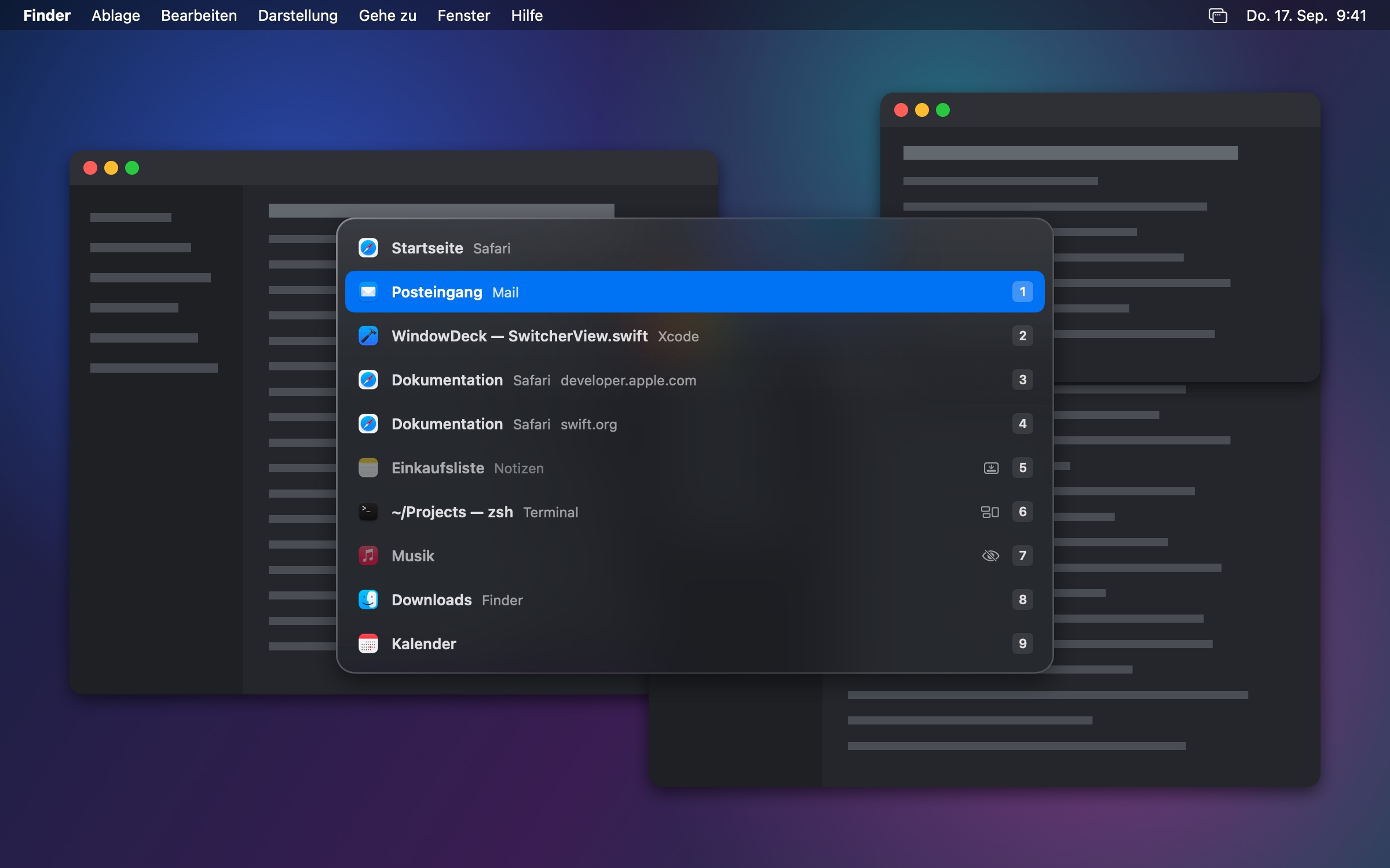 WindowDeck-Overlay mit der kompakten Fensterliste über geöffneten Fenstern (dunkles Erscheinungsbild)