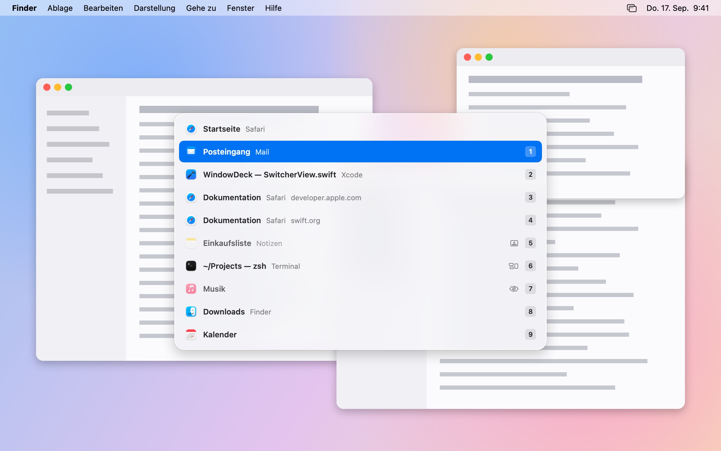 WindowDeck-Overlay mit der kompakten Fensterliste über geöffneten Fenstern (helles Erscheinungsbild)