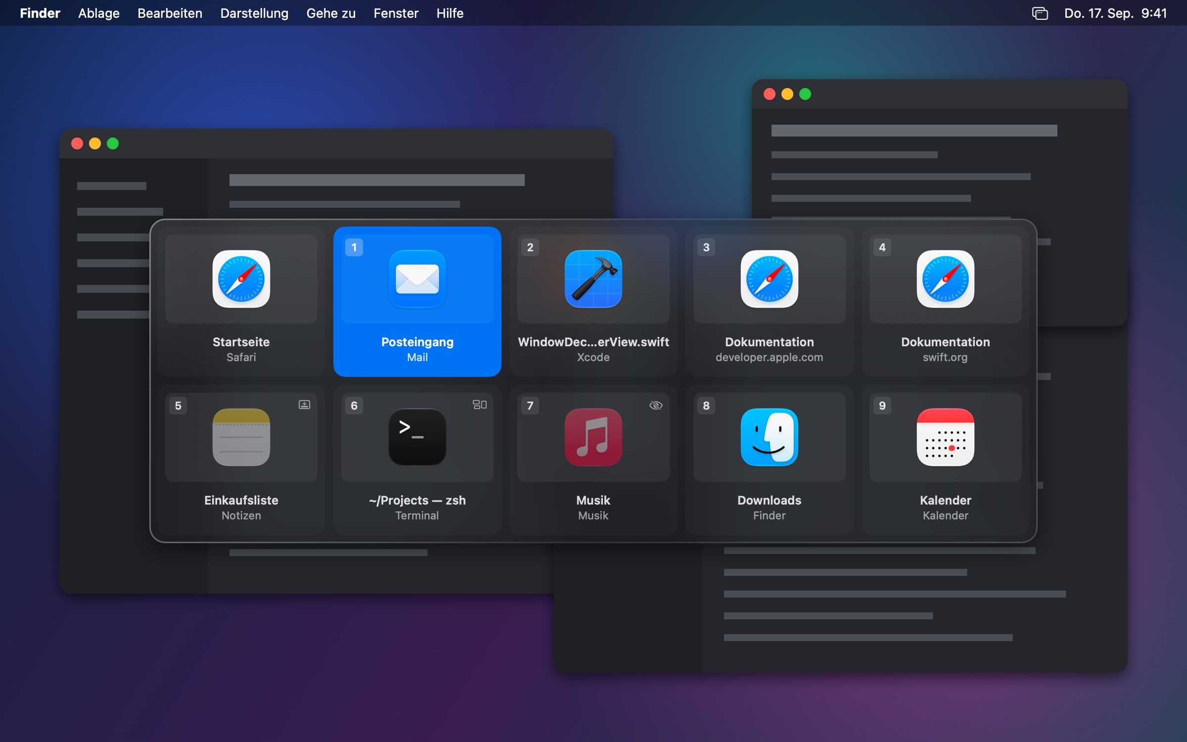 Darstellung Karten-Grid: Karten mit großem Symbol, Titel und App-Name