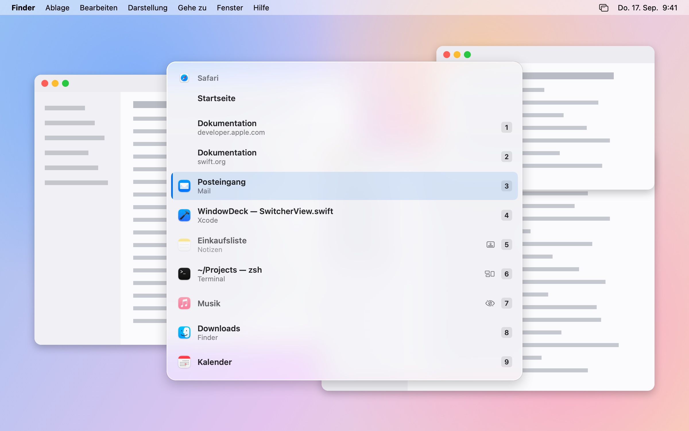 Kompakte Liste nach App gruppiert, App-Name unter dem Titel, Markierung als Balken