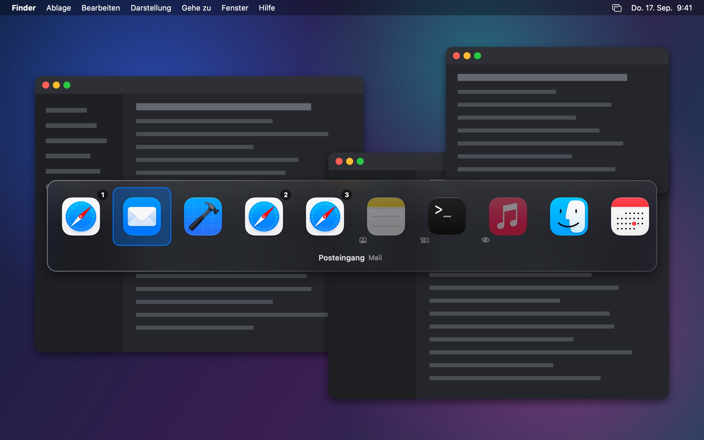 Darstellung Icon-Reihe: große App-Symbole, Titel des markierten Fensters darunter