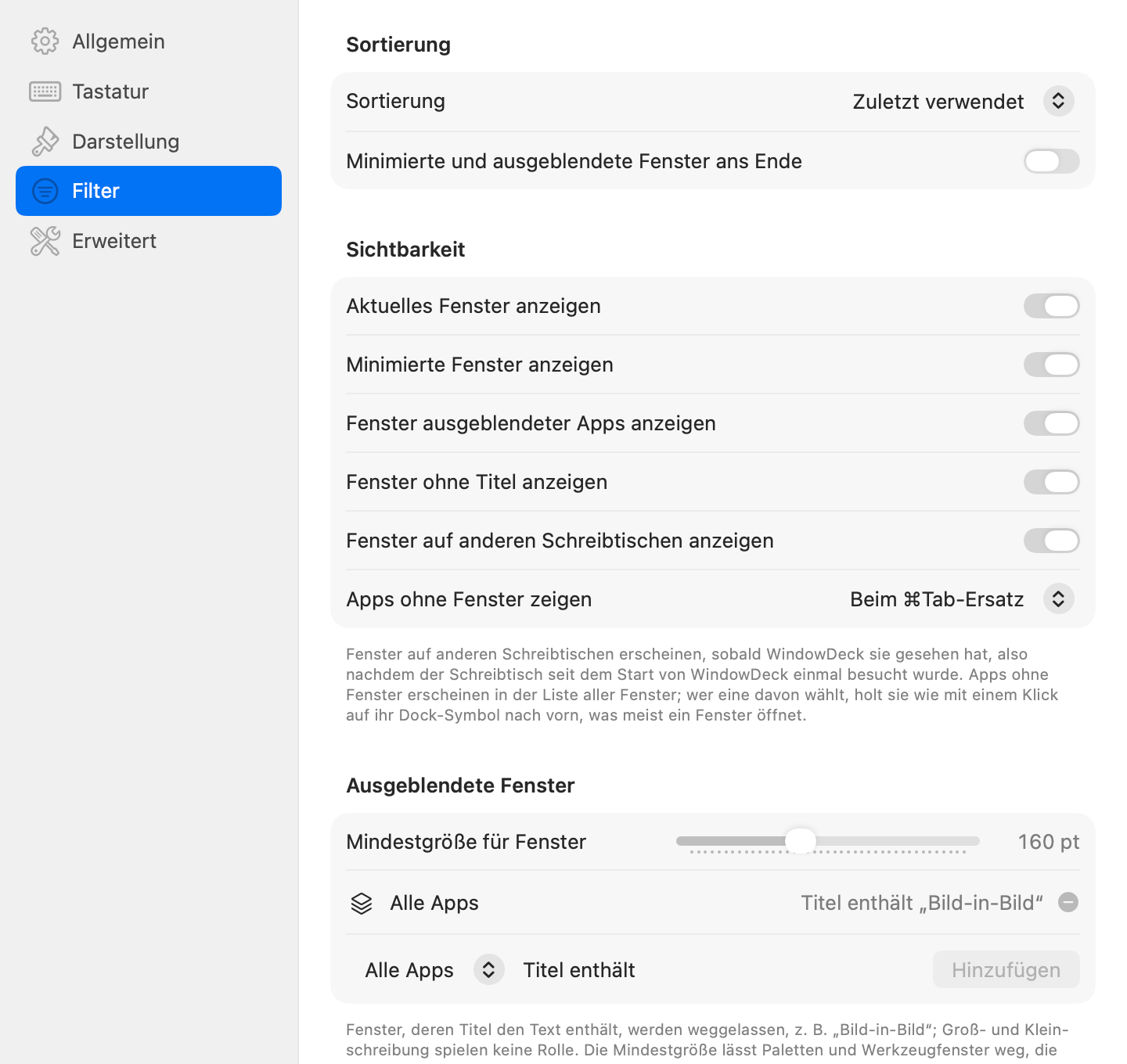 Einstellungen, Bereich Filter mit Sortierung, Sichtbarkeit und ausgeblendeten Fenstern