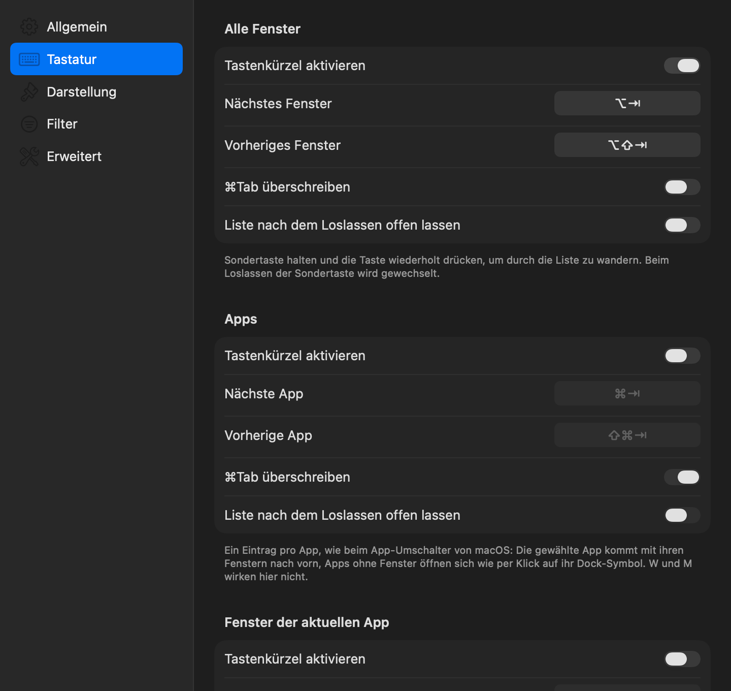 Einstellungen, Bereich Tastatur mit den Tastenkürzeln für alle Fenster und die App-Liste